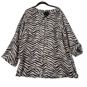 Tahari Linen Blouse Size 1X Black White Zebra Stripe Roll Tab Long Sleeve